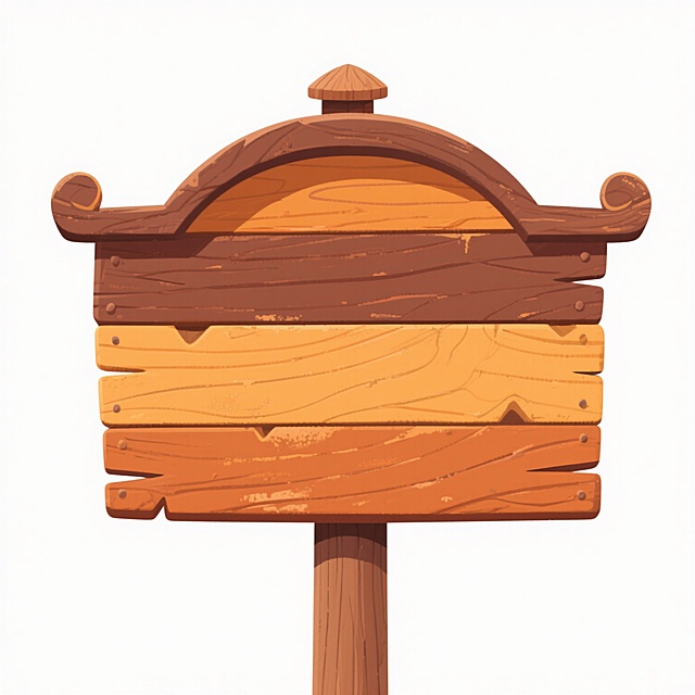 一个带有弧形顶部和装饰性边角的木质指示牌，由深浅不一的橙黄色木板拼接而成，表面有自然的木纹肌理和轻微的磨损效果，底部连接着一根圆柱形木杆，顶部有一个小巧的木质装饰帽，整体呈现出简约而温馨的卡通插画风格，背景为纯白色。