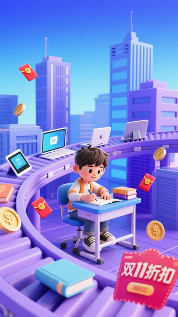 弧形传送带上面是电脑、ipad、书本等教育用具，中间是小男孩坐在书桌前写作业，点缀红包、金币、写着”双11折扣“的优惠券，蓝色渐变背景，点缀高楼建筑预览效果