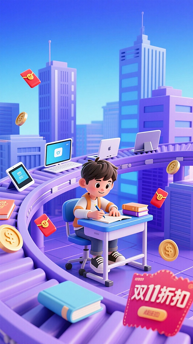 弧形传送带上面是电脑、ipad、书本等教育用具，中间是小男孩坐在书桌前写作业，点缀红包、金币、写着”双11折扣“的优惠券，蓝色渐变背景，点缀高楼建筑