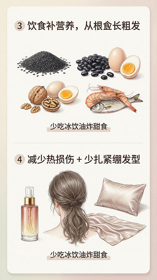 画布比例 9:16 竖版，高清海报，细腻光影，柔和奶油 ins 风，干净浅米白背景，低饱和温柔马卡龙配色，文字排版清晰分层，字体圆润无衬线，治愈养发护肤氛围感，无杂乱杂物，商业美妆护肤海报质感，8K 超清，细节精致，柔光，简约高级，无水印，上下分栏构图，上栏手绘食材插画：黑芝麻、黑豆、核桃、鸡蛋鱼虾，标题文字"3 饮食补营养，从根部长粗发"，标注少吃冰饮油炸甜食；下栏插画：隔热护发精油、宽松低马尾、真丝枕套，标题文字"4 减少热损伤 + 少扎紧绷发型"，文字重点信息色块突出，简约清新养生护发图文海报
