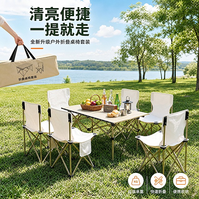 [主图-1] 户外折叠桌椅套装场景氛围主图，突出清亮便捷一提就走的核心卖点。
[统一基调] 清新自然户外露营风，主色调为草地绿+米白+原木卡其色，标题字用深绿色粗体无衬线字体，辅助文字用深灰色，强调色用暖橙色，整体干净明亮有品质感。
[画面] 产品为米白色帆布折叠椅六把+卡其色铝合金折叠桌一张，摆放在阳光明媚的户外草坪上，背景是稀疏的树林和远处的湖面，天空湛蓝有白云。桌子上摆放着饮料、水果和露营小道具，营造惬意的露营野餐氛围。产品占画面约60%，采用45°正侧面视角，完整展示一桌六椅的套装形态。画面左上角有一只手轻松提起折叠收纳后的桌椅收纳包，体现一提就走的便捷性。
[光影质感] 自然午后阳光，柔和的树影洒在草地上，产品光影自然真实，帆布材质有细腻纹理，金属支架有轻微反光，商业摄影级高清质感。
[配色] 草地绿为主背景色，米白桌椅为主体色，深绿色标题字，暖橙色强调点缀，整体清新明亮。
[文字版式] 画面左上角主标题大字"清亮便捷 一提就走"，下方副标题"全新升级户外折叠桌椅套装"，右下角三个亮点图标+短文案："超强承重""快速折叠""便携收纳"，文字不遮挡产品主体。
[输出要求] 1:1正方形比例，2K高清，产品清晰不变形，文字清晰可读，无水印无平台logo，画面干净有质感。