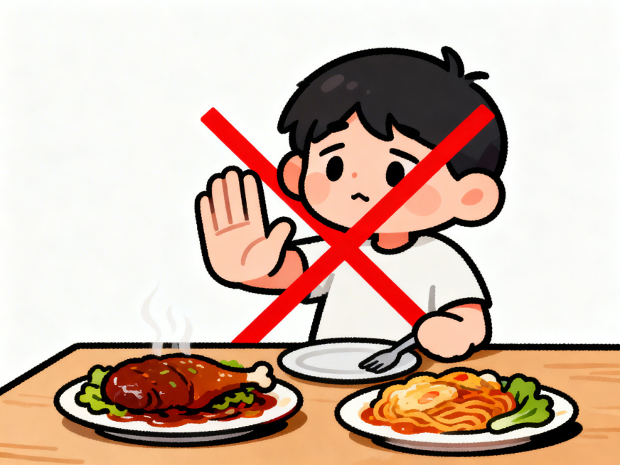 卡通科普风格插画，暴饮暴食后停止进食，桌面摆放着油腻食物搭配拒绝手势，画面干净简约，可爱卡通风格，没有任何文字，配色醒目，科普健康饮食知识预览效果