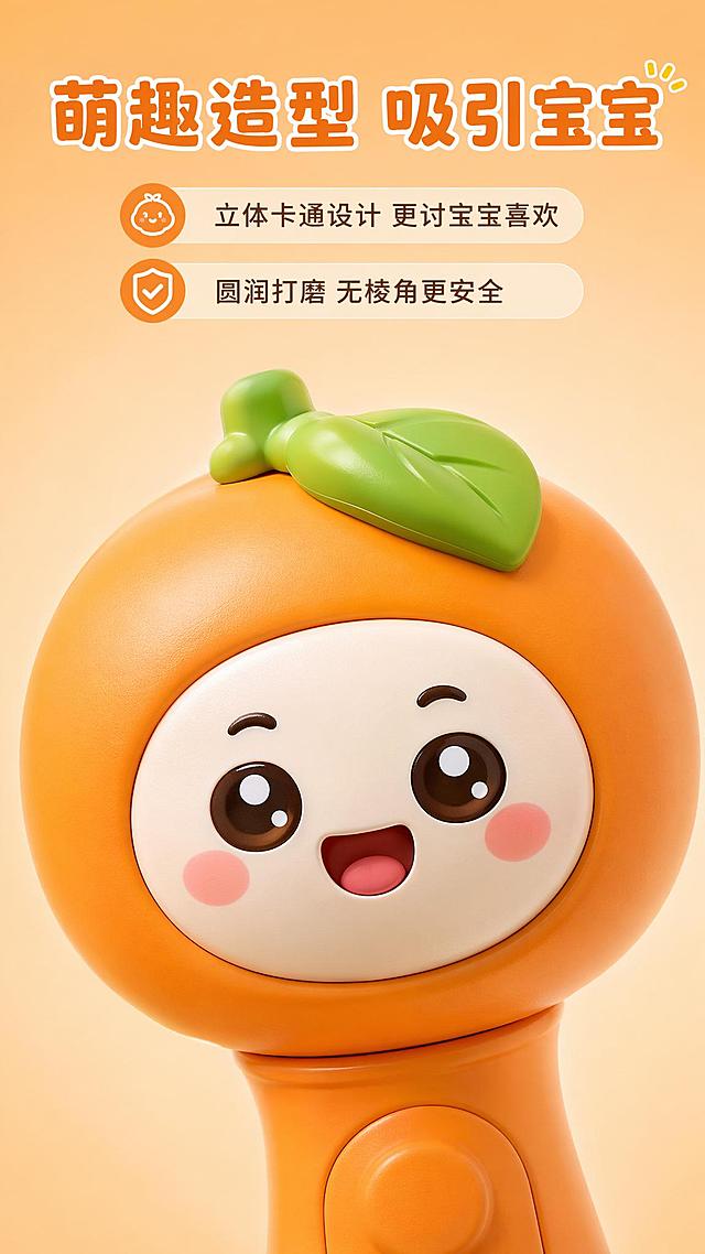 [第6屏] 本屏功能定义：设计亮点，卡通萌趣造型细节展示，突出立体水果娃娃可爱设计。本屏特写展示手柄立体造型。
[氛围/风格] 可爱细节特写，柔和清新，突出萌趣设计
[元素布局] 画面中心是橙子款手柄头部的微距特写，放大展示立体水果娃娃卡通造型，表情可爱，颜色饱满，立体造型细节清晰，和产品图一致，背景用浅橙色渐变衬托，突出造型细节，顶部主标题，整体聚焦设计亮点。
[光影质感] 柔和侧光，突出立体造型的轮廓和阴影，细节层次清晰，质感饱满
[配色色系] 背景浅橙色渐变，手柄橙色主体，深色表情轮廓，色彩柔和萌趣
[视角构图] 特写中心构图，聚焦卡通头部造型，细节突出
[文字版式] 顶部主标题「萌趣造型 吸引宝宝」，下方两点说明：「立体卡通设计 更讨宝宝喜欢」「圆润打磨 无棱角更安全」，文字清晰，不遮挡主体特写。
[比例分辨率] 9:16竖版比例，2K分辨率，文字清晰可辨，高清画质
[负向提示词] 造型变形，颜色偏差，文字错乱，水印，背景杂乱