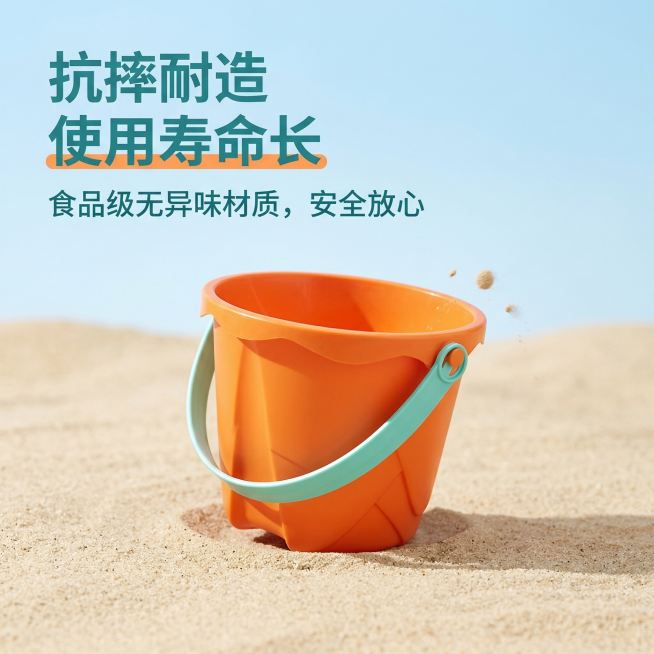 [主图 3 材质耐用展示] 儿童挖沙桶，欢乐活泼风格，展示产品无异味抗摔耐造卖点。背景为干净的浅蓝户外沙地，挖沙桶放置画面中心，做抗摔测试视觉表达，桶身完好无变形。主标题 "抗摔耐造 使用寿命长" 放预览效果