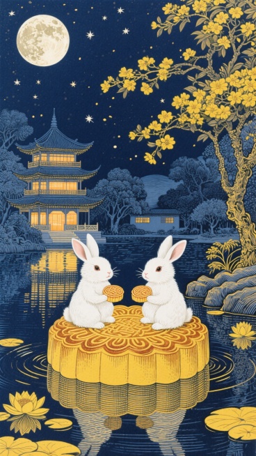 两只可爱白玉兔坐精致大黄月饼上，手持小月饼；深蓝夜空悬满月、缀星光，月下三层中式楼阁透暖光，右有黄花树，左及水面飘黄莲，水面映倒影。暖黄与深蓝交织。预览效果