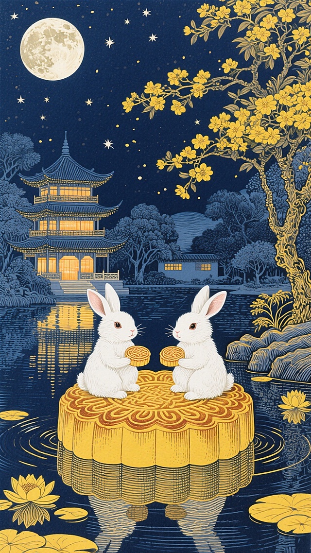 工笔风插画，拟人化玉兔对坐于巨型月饼之上，月夜古亭倒影湖中，鎏金桂花树与浮世绘式星空交织，营造中式古典与梦幻唯美氛围，尽显中秋温馨雅韵。