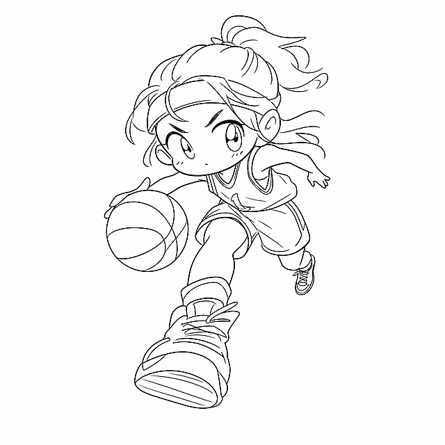 超简约手绘线稿风格Q版一头身年轻女性打篮球，黑白线条画，抽象概括线条，大透视角度，夸张的人物比例，强烈视觉张力，篮球穿搭，身穿篮球背心和短裤，脚穿篮球鞋，运球或投篮姿势，用简洁流畅的线条概括人物形态，白色背景，纯线稿无填充色，矢量风格，概括细节，手绘感，全身像