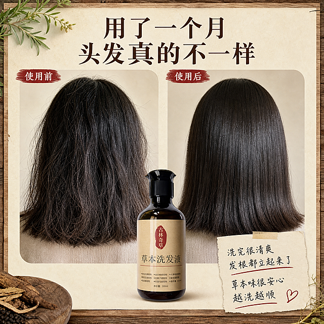 [主图-3] 小红书草本洗发液使用前后反馈对比图，真实用户反馈感。
[统一基调] 中药草本国风风格，原木质感，暖棕米白主色调，朱砂红点缀色，自然柔光，小红书原生笔记封面感，真实不夸张。
[画面] 画面左右分栏布局，左侧为「使用前」发质状态：头发干枯毛躁、暗哑无光泽、发尾分叉的后脑勺局部特写，只拍头发不拍全脸。右侧为「使用后」发质状态：头发柔顺有光泽、蓬松有韧性、乌黑顺滑的后脑勺局部特写，同角度同光线。中间下方放置产品瓶身，占比约30%。背景为浅米色+原木边框，左上角有一片草本叶子装饰，右下角有手写风格的反馈小卡片。整体呈现真实用户使用改善的感觉，对比自然不夸张。
[光影质感] 自然光柔和均匀，头发丝纹理清晰，光泽感自然，瓶身真实有质感，整体暖调，生活摄影风格，真实不浮夸。
[配色] 米白主背景+原木棕边框+草本绿点缀+朱砂红重点标注，整体暖调温馨。
[文字版式] 顶部主标题大字「用了一个月 头发真的不一样」，左侧上方小字标注「使用前」，右侧上方小字标注「使用后」。底部产品旁有手写体小字反馈：「洗完很清爽 发根都立起来了」「草本味很安心 越洗越顺」。主标题宋体粗体深棕色，反馈文字手写体深灰色，标注文字朱砂红。文字放在负空间不遮挡头发主体。
[输出要求] 1:1正方形比例，文字清晰无错字，发质对比真实自然不夸张，产品清晰不变形，无水印无平台Logo，无极限词，无医疗功效暗示，不出现化学成分和生产厂家信息。