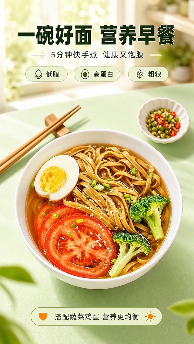 [商品] 使用【图1】苦荞汤面成品图；保留面条、番茄、鸡蛋、西兰花、葱花、芝麻的全部食材搭配和汤色；保留白碗造型。商品处理：增强汤色通透感，食材色泽更鲜亮，提升食欲。
[画面] 目标：汤面食用场景种草，展示家常健康吃法。构图：俯拍视角，一碗苦荞汤面位于画面中央偏下，面条根根分明浸在清汤中，番茄片、水煮蛋、西兰花整齐摆放；碗的左上方放一双木筷，右上方放一小碟调味料；背景是浅绿桌面+模糊的厨房窗边光影，营造温馨早餐/午餐氛围；面碗占画面55%。前中后景：前景碗边，中景面条食材，后景虚化厨房环境。
[视觉] 套系策略：风格=简洁大气食品商业摄影，家常健康风；标题字=粗黑体，稳重有力；正文字=简洁无衬线体；主色=草木绿+米白；背景延展=基于草木绿做深浅渐变、同色系层次，搭配浅米色纸张质感；强调色=暖橙色，仅用于小面积标签、图标和价格提示；标题色=深墨绿；正文色=深灰；组件=圆角浅绿信息卡、细绿线引线、小图标；光影=左前侧暖柔光，自然通透。
[文字] 上方主标题「一碗好面 营养早餐」，副标题「5分钟快手煮 健康又饱腹」；右上角3个小标签：低脂、高蛋白、粗粮；底部一行小字「搭配蔬菜鸡蛋 营养更均衡」；文字集中在上部和底部，不遮挡面碗主体。
[规格] 图片比例9:16竖版，4K分辨率，拼多多风格简洁大气；避免变形、错字、文字过小、食材失真、冷色调。