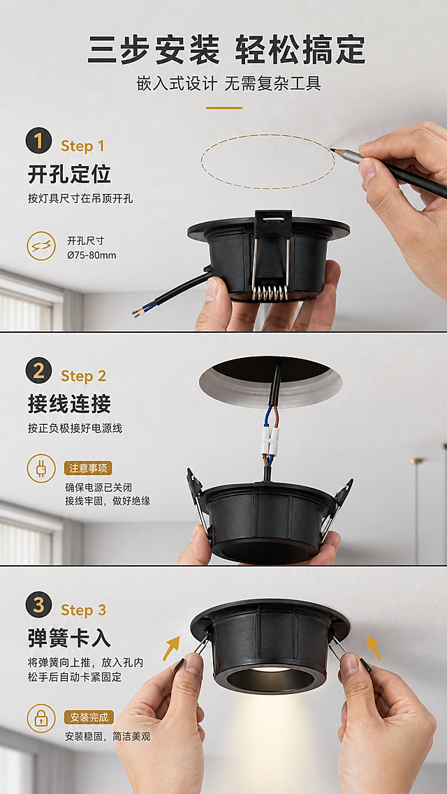 [商品] 使用【图2】黑色LED筒灯侧面弹簧卡扣图；保留弹簧卡扣结构、黑色灯体、出线设计；展示安装过程中弹簧卡扣的使用方式，产品结构保持真实。
[画面] 目标：安装步骤演示，让用户明白如何安装。构图：竖向三步流程图，从上到下依次为：Step1开孔定位、Step2接线连接、Step3推入固定；每步配简化手部动作+产品安装状态示意。阅读动线：从上到下按步骤阅读。前景：手部动作+产品；中景：吊顶/开孔示意；后景：浅色施工环境背景。
[视觉] 套系策略：风格=现代简约工业风商业摄影；标题字=粗黑体无衬线；正文字=常规黑体无衬线；主色=深炭黑；背景延展=浅灰到中灰渐变，步骤间用深色横线分隔；强调色=暖金色（仅用于小面积图标、引线、标签和光效点缀）；标题色=深灰色；正文色=中灰色；组件=步骤序号圆标、箭头指引、注意事项标签；光影=顶部柔光均匀照明，突出安装动作和产品。
[文字] 顶部主标题"三步安装 轻松搞定"，副标题"嵌入式设计 无需复杂工具"；三步分别标注"Step 1 开孔定位""Step 2 接线连接""Step 3 弹簧卡入"；每步下方配1行操作说明小字；文字位于每步上方和侧边，不遮挡产品和动作。
[规格] 图片比例9:16竖版，4K，避免变形、错字、文字过小、冷蓝色调、安装动作不自然、产品比例失调。