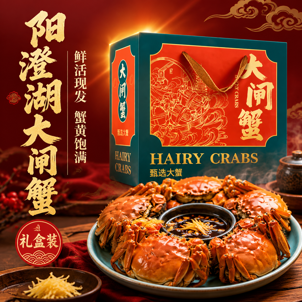 [主图-1] 首图点击率，突出大闸蟹礼盒的高端送礼感与食欲诱惑… - 图片创意预览