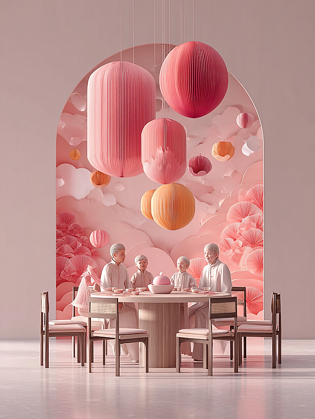 Minimalist modern fresh light luxury Nordic interior space, studio lighting, minimalist background, C4D rendering, 3D effect, rose gold elements, Chinese Lantern Festival reunion atmosphere, Chinese paper-cut art installations, round dining table with 6 small bowls of glutinous rice balls, a family of six including grandparents, parents, son and daughter sitting around the table with dynamic interaction moments, high-end texture, bright and open composition, symmetrical layout, vibrant colors, high contrast, strong three-dimensionality, modern aesthetics, warm festive atmosphere