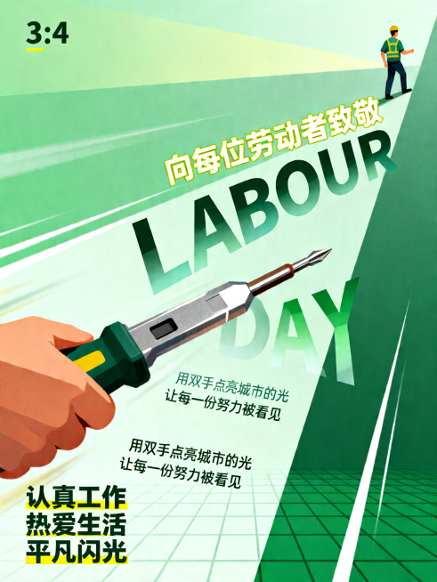 3:4竖版现代插画海报，整体构图为强透视动态特写。画面左下角为一个电工拿着被放大的工具（电笔）从近景冲出画面，透视夸张，带轻微运动模糊与速度效果，形成视觉冲击；工具金属质感简化为扁平渐变色，边缘清晰。预览效果