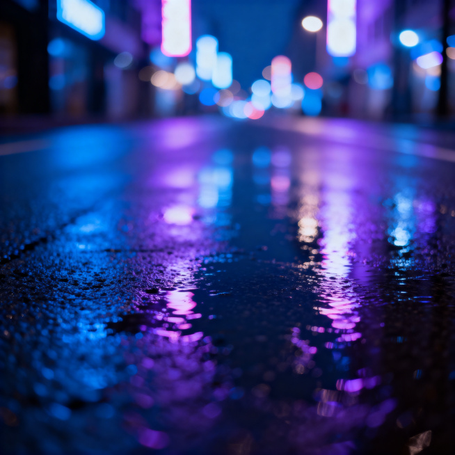 夜晚湿漉漉的城市街道背景，有模糊的霓虹灯光倒影，无图案和文字预览效果