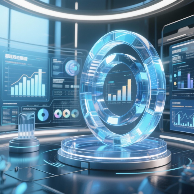 玻璃态3D模块与数据图表，搭配环形装饰元素，3D透明夸张风格，科技蓝配色，高光泽度，透明质感，光影效果强烈，未来感预览效果