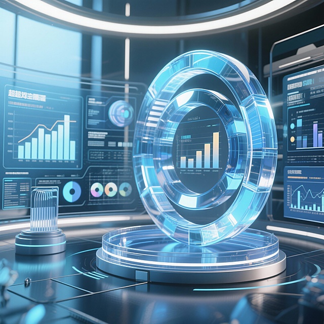玻璃态3D模块与数据图表，搭配环形装饰元素，3D透明夸张风格，科技蓝配色，高光泽度，透明质感，光影效果强烈，未来感