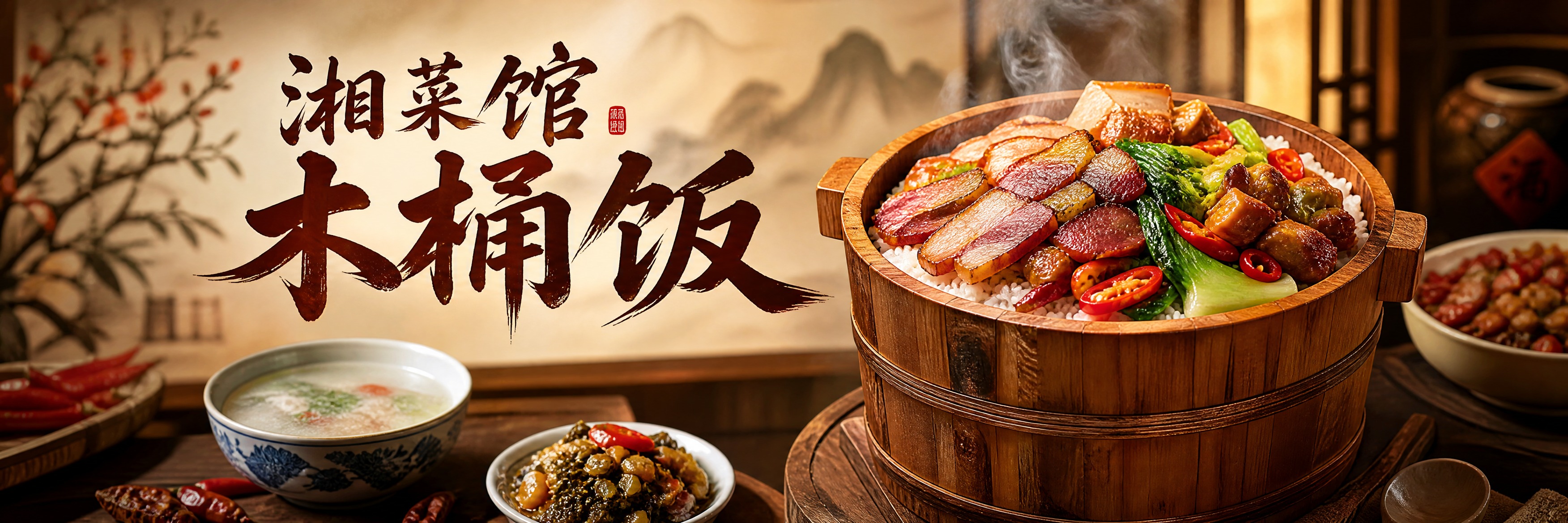 湘菜馆木桶饭海报设计，写实摄影风格，画面主体是一份丰盛的湖南木… - 图片创意预览