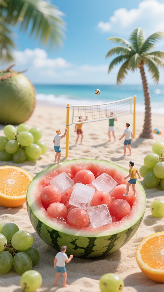 半个巨大的西瓜里面装满了球状的西瓜果肉和冰块，，位于画面的中心；绿色葡萄、切半的橙子散落在周围；椰子树，小人们在打沙滩排球；海边，沙滩，蓝天白云背景