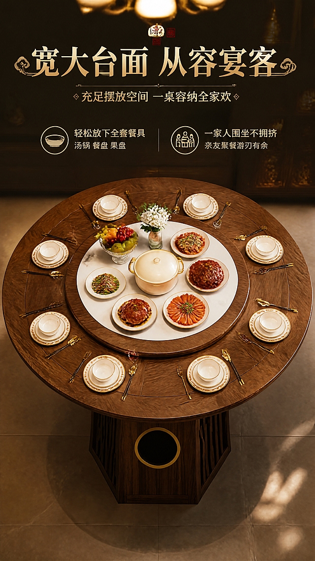 [第2张] 核心卖点页-宽大台面容纳能力展示。本张使用【图1】作为商品主体。
[氛围/风格] 丰盛奢华用餐场景，暖调光影，商业摄影质感，无人物。
[元素布局] 餐桌俯视角度展示，占比约70%；桌面上摆满精致餐具套装、陶瓷汤锅、多个餐盘、玻璃果盘、红酒杯、精致菜肴，展示台面宽大规整、摆放空间充足；背景为餐厅环境虚化，有吊灯光晕、餐边柜轮廓；餐桌保持原图结构比例、深木色、白色岩板转盘完全一致。
[光影质感] 顶部吊灯暖光照射，桌面餐具高光反射，阴影柔和，整体明亮通透。
[配色色系] 全局底色 #3A2A1A；主色深木色+白色岩板；辅助色金色餐具、暖黄灯光、白色餐盘。
[视角构图] 正俯视角度，餐桌台面为绝对视觉中心，阅读动线从中心向四周扩散。
[文字版式] 顶部居中艺术字排版。主标题「宽大台面 从容宴客」，采用新中式艺术字体，有祥云纹样装饰，烫金效果；副标题「充足摆放空间 一桌容纳全家欢」；下方左右两侧分列卖点「轻松放下全套餐具 汤锅 餐盘 果盘」「一家人围坐不拥挤 亲友聚餐游刃有余」，配中式餐具图标。文字不遮挡桌面主体。
[比例分辨率] 9:16 竖版比例，4K分辨率，文字清晰可辨，高清画质。
[负向提示词] 产品变形，台面比例失真，结构错误，人物出现，水印，文字错乱，餐具摆放杂乱，颜色偏差。