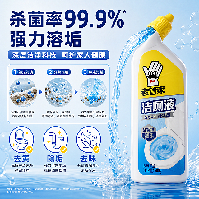 [主图-2] 核心功效卖点图，突出杀菌率99.9%与强力去污效果，用科技机理可视化方式证明产品有效。
[统一基调] 整体风格干净明亮、专业家居清洁感，背景以浅蓝渐变+白色为主，点缀品牌黄色作为强调色；标题字体为粗黑体、深蓝色，辅助文字为深灰色，数据高亮用品牌黄；卡片用圆角浅白底+细蓝边，图标简洁线性；整体通透清爽，无多余装饰。
[画面] 画面右侧放置一瓶老管家洁厕液（正面朝向，占画面约40%），瓶口有蓝色清洁液正缓缓流出，形成带有活性泡沫的水流；左侧为功效机理展示区：上方大标题"杀菌率99.9% 强力溶垢"，中间用蓝色粒子+气泡可视化表现污渍分解过程，下方三个圆形图标分别对应"去黄""除垢""去味"三个核心功效，每个图标下方配短词说明；背景为浅蓝渐变，带有细微的水分子纹理，增强洁净科技感。
[光影质感] 商业摄影质感，产品瓶身光影自然，清洁液水流有透明质感和光泽，粒子效果轻盈通透；整体光线均匀明亮，突出洁净专业感。
[配色] 背景浅蓝渐变，标题深蓝色，数据数字用大号白色+蓝色底圆，强调色品牌黄用于图标点缀，整体冷调洁净感。
[文字版式] 左侧上方主标题最大最粗，数据"99.9%"用超大号字体突出显示；下方三个功效图标横向排列，每个图标下配短词；所有文字不遮挡产品主体，排版整齐有序。
[输出要求] 1:1正方形比例，2048px，文字清晰可读，产品外观与输入图完全一致；禁止变形、错字、模糊、杂乱、水印、平台Logo；禁止使用"最""第一"等绝对化用语。