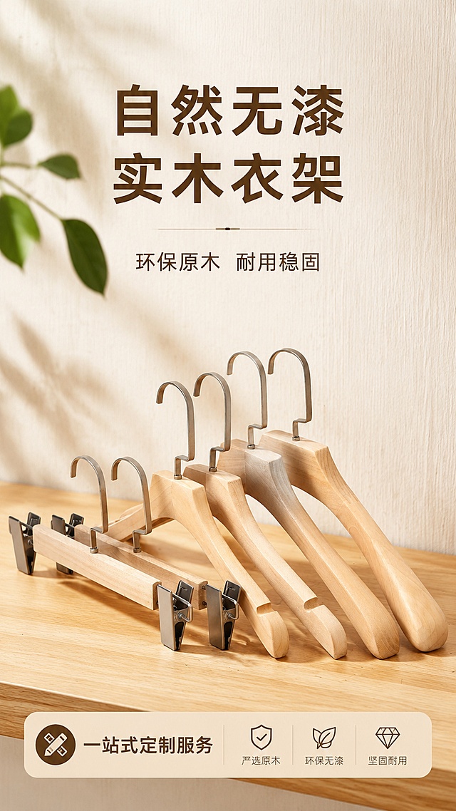 [第1屏] 详情页头图-无漆实木衣架产品海报。本屏使用【图1】作为商品主体，保留原商品结构、颜色与材质纹理。
[氛围/风格] 简约自然家居风，温暖原木质感，商业高清摄影，温馨舒适氛围。
[元素布局] 衣架组合放置于画面中下区域，占比约65%-70%，上方留出主标题区域；背景使用浅米灰色原木纹理墙面，底部搭配浅橡木色置物台面；产品原木纹理、金属挂钩裤夹结构与输入图一致，保留原产品组合形态。
[光影质感] 左侧柔光打光，右侧柔和补光，底部自然投影，突出实木自然纹理与金属光泽，整体明暗层次清晰。
[配色色系] 全局底色 #F5F2EB；主色原木浅米黄色；辅助色哑光银色金属件。
[视角构图] 45°斜侧视角，产品为视觉中心，阅读动线从上到下：主标题→产品组合→底部信息。
[文字版式] 上方主标题「自然无漆 实木衣架」，副标题「环保原木 耐用稳固」，均使用深棕色无衬线字体居中排布；底部信息条标注「一站式定制服务」，文字清晰不遮挡主体产品。
[比例分辨率] 9:16 竖版比例，4K分辨率，文字清晰可辨，高清画质。
[负向提示词] 产品变形，缺件错件，颜色偏差，水印，文字错乱，产品图模糊，纹理失真，结构错误。