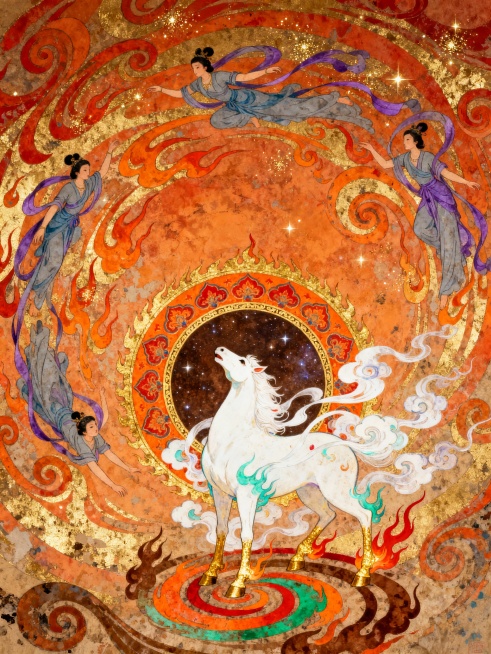 极繁风格插画，岩画，岩彩，仰视视角，敦煌壁画风格神话场景插画，细节如下：
主体神兽插画：
形态：雪白神马（仰头），在画面中心偏下，周身环绕白焰状飘带（质感轻盈如云雾，有环境色点缀），脚踩火焰流（火焰流预览效果