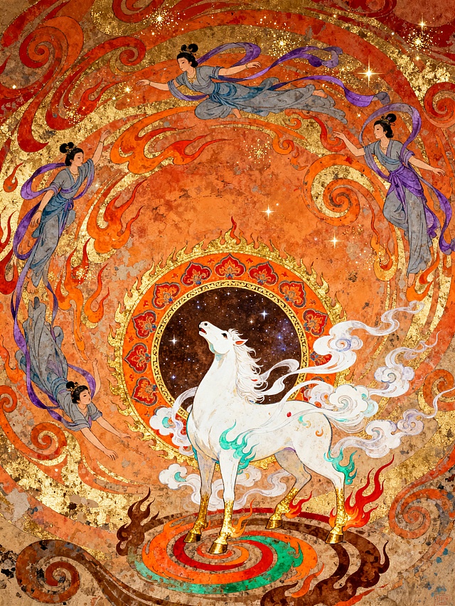 极繁风格插画，岩画，岩彩，仰视视角，敦煌壁画风格神话场景插画，细节如下：
主体神兽插画：
形态：雪白神马（仰头），在画面中心偏下，周身环绕白焰状飘带（质感轻盈如云雾，有环境色点缀），脚踩火焰流（火焰流从上到下环绕画面，有金、红橙、绿、棕色点缀）；
装饰：神马位于双层圆形法轮中央（内层法轮为深褐星空纹理，外层饰橙红宝相花纹样，边缘金纹勾边）。

背景与人物：
背景：通体为敦煌式卷草火焰纹，以橙、红、金为主色调，纹理呈漩涡状缠绕，夹杂细碎金星光斑；
飞天人物：3-4位身着飘逸汉服的飞天，衣袍为灰、蓝、紫等配色，姿态舒展环绕于火焰纹之间，衣袂与飘带随漩涡纹理流动，在画面上方。

风格与色彩：
风格：敦煌壁画重彩风格，融合岩彩肌理与传统神话元素，线条圆润卷曲，纹样繁复华丽；
色彩：主色调为橙、红、金（暖调火焰纹），搭配白、青蓝（神马）、灰紫（飞天），色彩浓郁厚重，带有斑驳的古画肌理质感。

构图：
 纵向满版构图，神马与法轮居于画面中下部，火焰纹与飞天填充画面上部及四周，整体呈漩涡式动感布局，视觉层次丰富且氛围神秘瑰丽。