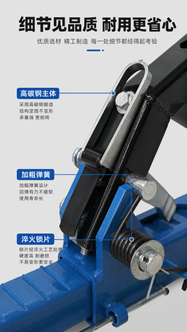 [第7屏] 细节材质页。浅灰底，使用【图1】做细节微距，展示铰链弹簧钢材主体的做工特写，保持原色结构不变，每个细节标注材质和优势：高碳钢主体、加粗弹簧、淬火锁片。顶部标题「细节见品质 耐用更省心」加粗预览效果
