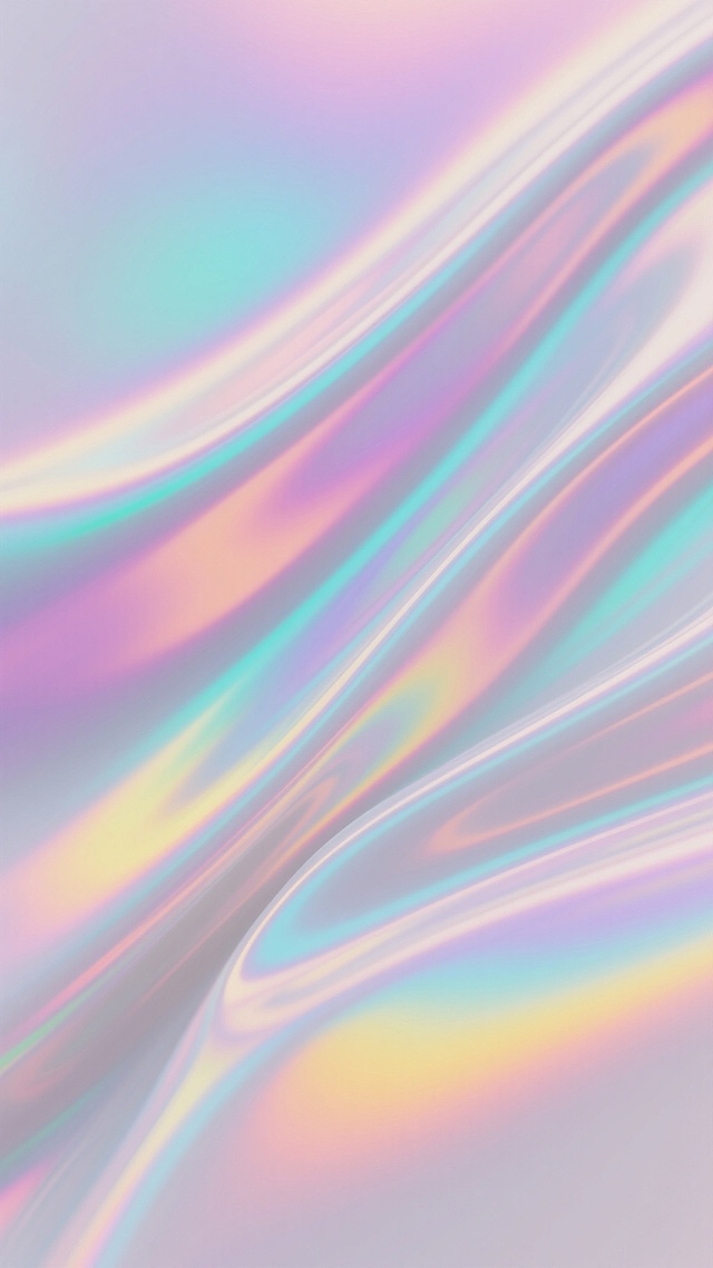 一张具有未来感的镭射材质背景图，整体呈现出柔和的白色基调，表面覆盖着流动的彩虹色光泽，色彩从粉紫色渐变到蓝绿色，再过渡到黄色和橙色，形成绚丽的光谱效果。材质表面光滑且具有丝绸般的质感，光线在上面产生细腻的折射和反射，形成柔和的高光和渐变的阴影。画面中没有明显的文字或图案，只有纯粹的镭射材质纹理，营造出梦幻、科技感和时尚的氛围。
