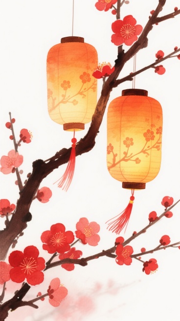 中国传统节日氛围的水彩风格插画，画面以纯净的白色为背景，营造出热闹喜庆的节日景象。主色调为温暖的红色和橙色，搭配深棕色的梅枝，色彩和谐统一。画面中央是几枝遒劲的梅枝，枝干上点缀着盛开的红色梅花，花瓣层次分明，边缘带有柔和的晕染效果。梅枝上悬挂着两个橙黄色的灯笼，灯笼表面装饰有精致的梅花图案，灯笼内部透出温暖的黄色光芒，照亮了周围的花瓣和枝干，光影过渡自然柔和。灯笼下方垂着红色的流苏，随风轻轻飘……预览效果