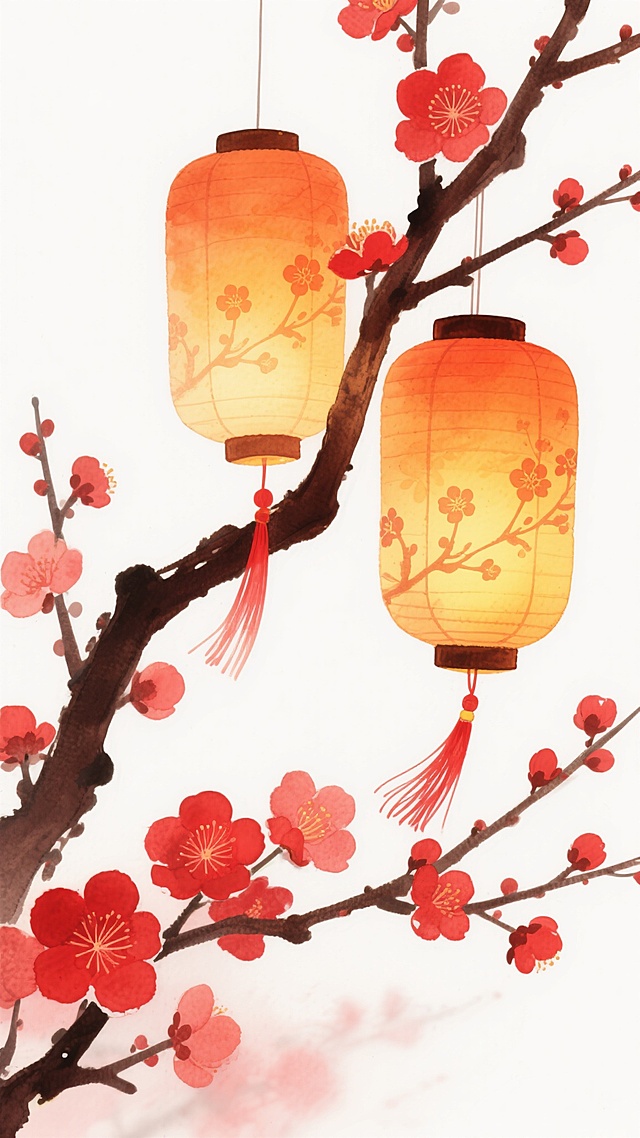 中国传统节日氛围的水彩风格插画，画面以纯净的白色为背景，营造出热闹喜庆的节日景象。主色调为温暖的红色和橙色，搭配深棕色的梅枝，色彩和谐统一。画面中央是几枝遒劲的梅枝，枝干上点缀着盛开的红色梅花，花瓣层次分明，边缘带有柔和的晕染效果。梅枝上悬挂着两个橙黄色的灯笼，灯笼表面装饰有精致的梅花图案，灯笼内部透出温暖的黄色光芒，照亮了周围的花瓣和枝干，光影过渡自然柔和。灯笼下方垂着红色的流苏，随风轻轻飘动，增添了画面的动感。整体构图采用不对称平衡，梅枝从右上角延伸至左下角，灯笼悬挂在枝干的不同位置，形成自然的视觉引导线。水彩特有的透明质感和柔和笔触贯穿整个画面，梅花的红色与灯笼的橙黄色相互呼应，共同营造出热闹、喜庆、温馨的节日氛围，适合作为节日主题的背景图使用。