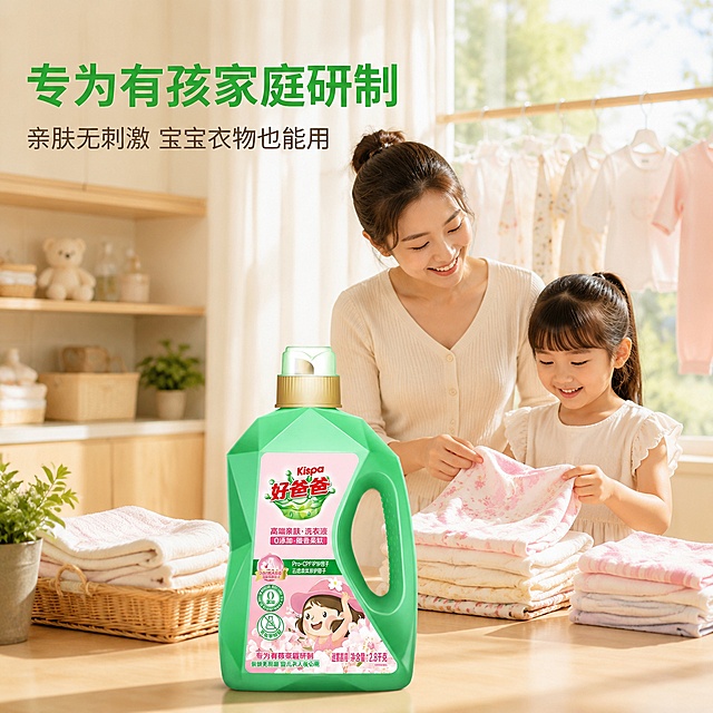 [主图-5] 好爸爸洗衣液亲子家庭使用场景图，突出专为有孩家庭设计的卖点。保持产品外观（物理结构、材质质感、颜色）与输入产品图绝对一致，杜绝任何变形和色差，精细化处理。真实居家阳台场景，阳光透过纱帘洒进，年轻妈妈和小女孩在叠洗好的衣物，洗衣液瓶放置在前方干净阳台台面上居中位置，自然融入场景。背景是浅木色阳台柜和晾晒的干净衣物，氛围温馨自然有生活感。上方大标题文字「专为有孩家庭研制」，下方小字「亲肤无刺激 宝宝衣物也能用」。文字放置在画面左上角负空间，不遮挡人物和产品主体。商业摄影质感，光线是柔和的自然光，温暖通透，氛围真实温馨。配色为浅木色暖调+产品绿色对比，自然舒适。1:1比例，文字清晰锐利，超高清商业摄影质感，负向提示词：变形，文字错乱，产品图模糊，背景杂乱，水印，电商平台Logo。