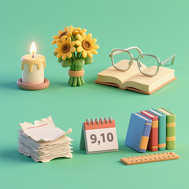 6个物品组合。第一个燃烧的蜡烛；第二个向日葵花束；第三个眼镜和书；第四个一叠试卷；第五个9.10的日历；第六个书本和尺子。浅绿色背景，上下两行，排列整齐