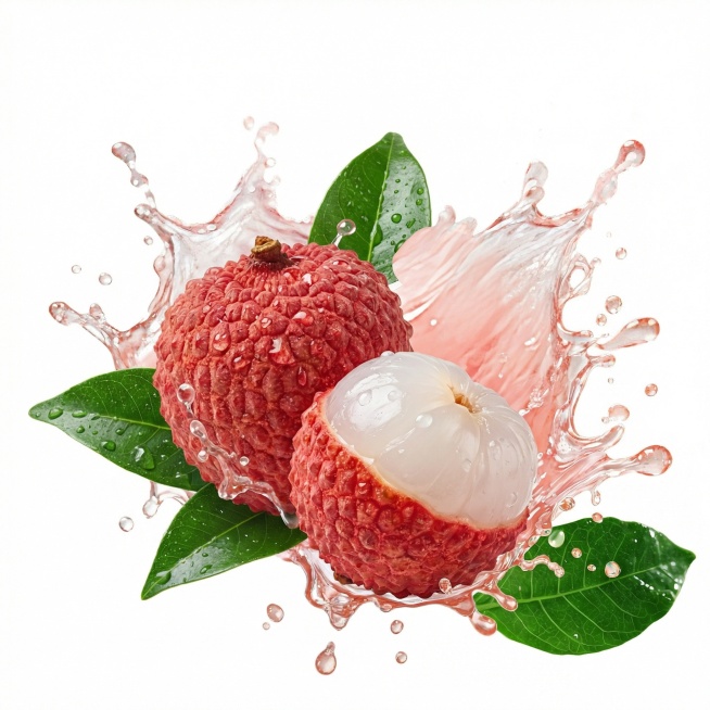 把柠檬改成两个荔枝，两个荔枝其中一颗漏出新鲜果肉，所有荔枝带水珠，新鲜颜色，纯白色背景悬空，高清晰大图预览效果