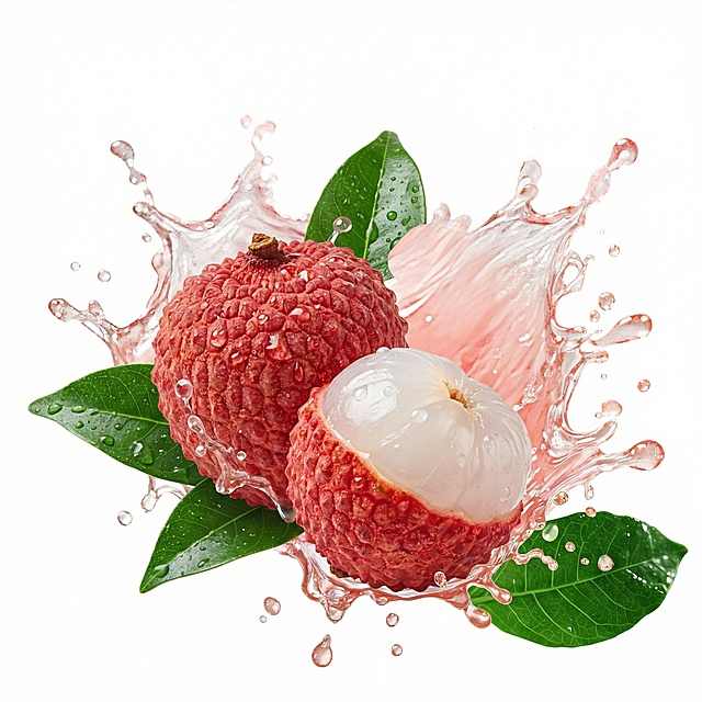 把柠檬改成两个荔枝，两个荔枝其中一颗漏出新鲜果肉，所有荔枝带水珠，新鲜颜色，纯白色背景悬空，高清晰大图