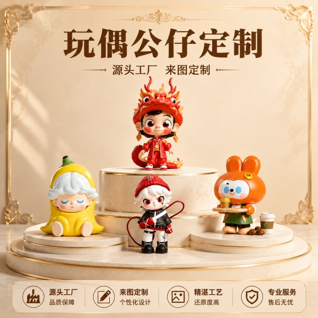 [主图] 盲盒公仔定制创新版式主图，暖色调新配色方案
[氛围风格] 轻奢雅致暖调商业展示风，欧式复古氛围感
[画质] 商业摄影质感，光线柔和通透，产品清晰真实，画面干净高级
[元素] 采用三层高低圆形预览效果
