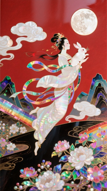 日漫风格，嫦娥怀抱玉兔奔向一轮圆月，衣摆飘逸。周围环绕着祥云和盛开的花朵，背景山脉，红色底色，非常规的动态构图预览效果