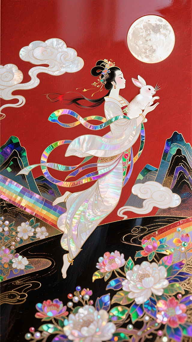 日漫风格，嫦娥怀抱玉兔奔向一轮圆月，衣摆飘逸。周围环绕着祥云和盛开的花朵，背景山脉，红色底色，非常规的动态构图