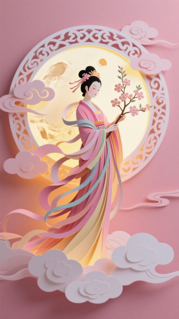 纸雕风格的嫦娥立于画面中央，衣袂以层叠剪纸表现飘逸感，手持纸雕桂花枝，脚下是云雾状纸雕，背景是巨大的圆形纸雕圆月，边缘装饰祥云剪纸，整体色调为粉白与暖黄渐变预览效果