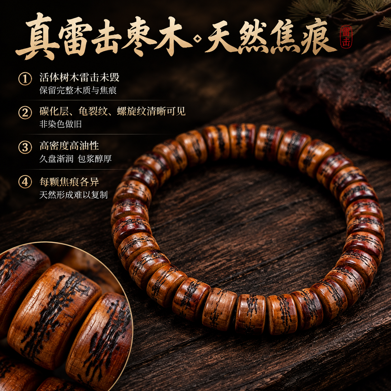 第2张主图：材质卖点图。基于image1中的雷击枣木手串产品，… - 图片创意预览