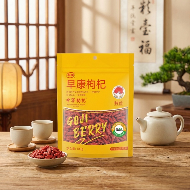 将早康枸杞包装袋放置在带有木质纹理的桌面上，背景布置成温馨的中式风格，搭配简约的陶瓷茶具作为点缀，整体画面干净舒适，突出产品高品质感，吸引消费者目光预览效果