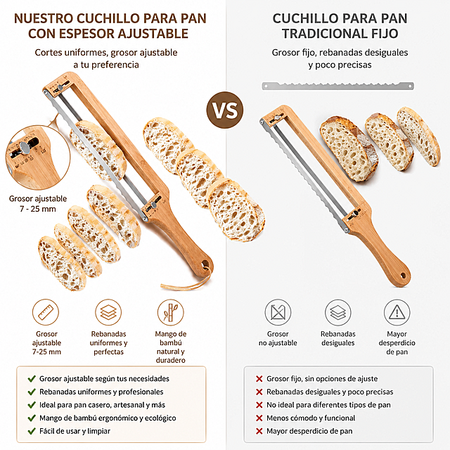 面包切片刀产品对比图，西班牙语文字对比本款可调节厚度竹柄面包刀和普通固定面包刀，左侧展示本产品均匀切片厚度可调，右侧展示普通产品切片不均匀，标注对比说明，整体风格和之前保持一致，1:1构图