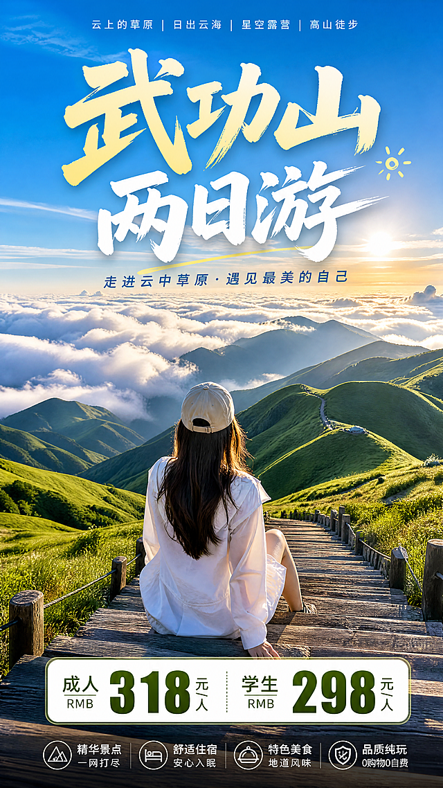 旅行社收客用武功山旅游海报，画面是一位美女背影坐在高山草甸的台阶上，远方是连绵的高山草甸和壮观云海，海报上方醒目标题文字"武功山两日游"，海报下方清晰标注活动价格信息"成人318 学生298"，整体风格清新自然，适合旅游宣传，色彩明亮吸引人