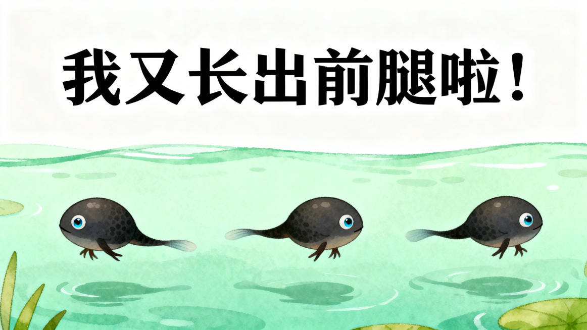 幼儿园PPT内页，标题文字"我又长出前腿啦！", 文字内容：过了几天，我又长出两条前腿 现在我有四条腿啦 尾巴变得越来越短了,插画展示长四条腿短尾巴的小蝌蚪，浅绿色池塘背景，可爱卡通风格，文字清晰，图预览效果