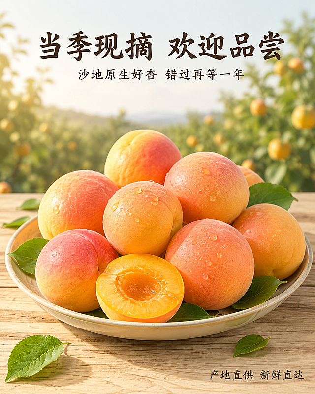 「图片1」，生成一套详情页，商品名称为沙地肉杏，适配抖音/快手平台，单图比例为高级A+ (电脑端)，需求屏数为10张。