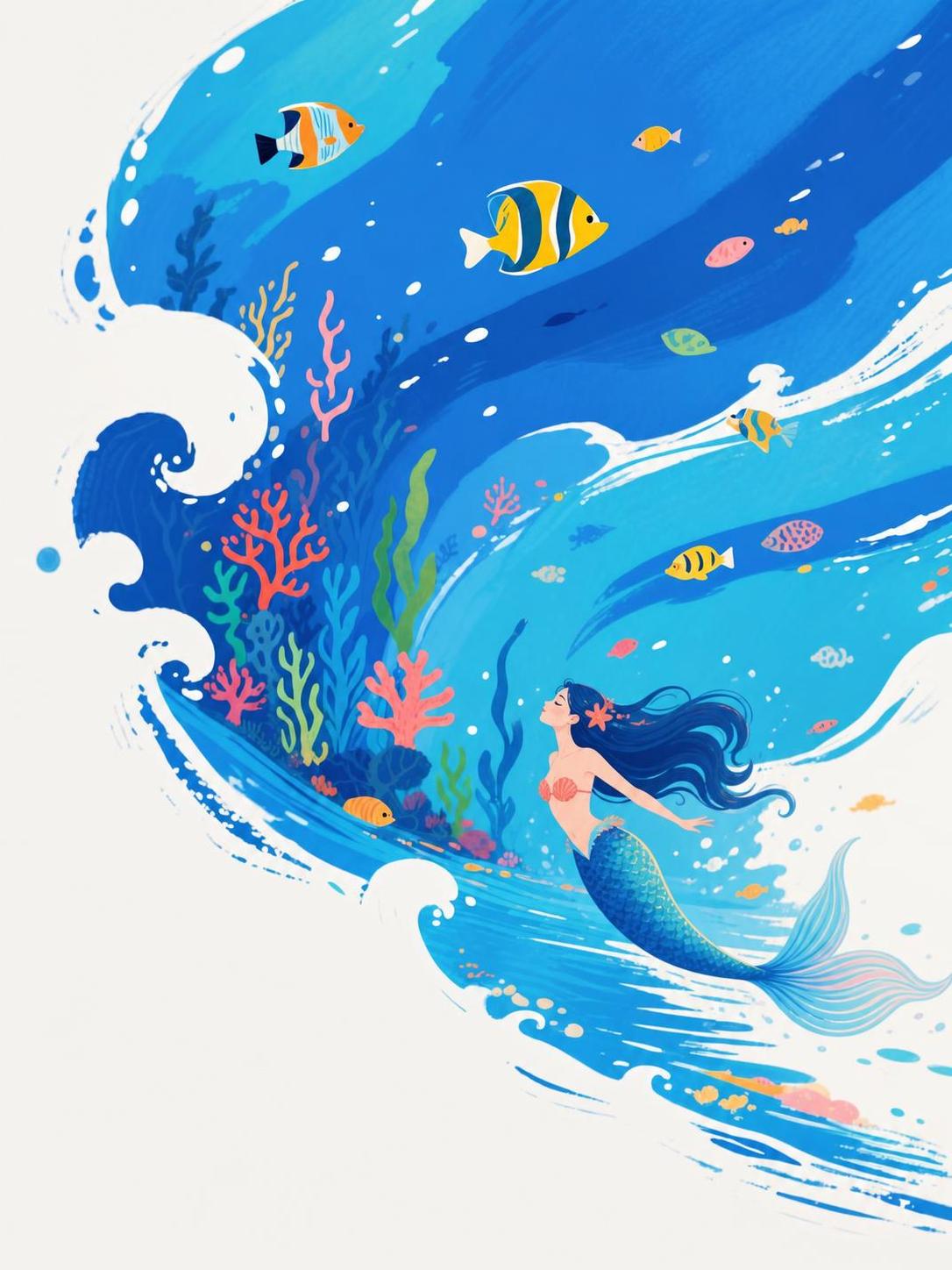 参考图的扁平插画风格，蓝色海浪、珊瑚、热带鱼、海底植物等元素保… - 图片创意预览