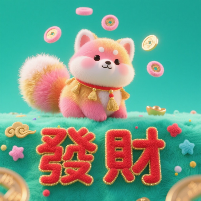 一张具有毛绒质感的发财主题设计图，整体采用薄荷曼波绿色毛绒布料为背景，触感柔软细腻。画面中央是一只粉金渐变的卡通毛绒小藏狐，小藏狐体型是胖嘟嘟的，外表是浅粉和金色渐变的毛绒，身上挂着精致的毛绒流苏装饰预览效果