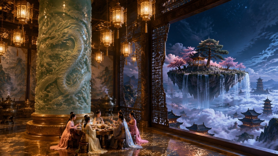 广角纵深镜头，画面左侧矗立一根体量巨大的浅青色玉石圆柱，柱身雕刻盘旋立体浮雕神龙与缠枝花卉；圆柱底部圆形鎏金平台上数位身着色彩各异古风汉服的女子围坐圆桌宴饮；室内殿堂整体恢弘华丽，顶部悬挂大量精致鎏金预览效果