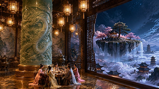 广角纵深镜头，画面左侧矗立一根体量巨大的浅青色玉石圆柱，柱身雕刻盘旋立体浮雕神龙与缠枝花卉；圆柱底部圆形鎏金平台上数位身着色彩各异古风汉服的女子围坐圆桌宴饮；室内殿堂整体恢弘华丽，顶部悬挂大量精致鎏金宫灯，墙面绘制山水壁画，摆放青铜香炉；画面右侧透过镂空雕花木质隔断，可以看见悬浮在空中的圆形石台平台；平台上面生长茂盛粉色桃花、苍劲古松，建有小型中式凉亭，平台边缘瀑布向下倾泻；平台下方是翻涌厚重的白色云海，远处云雾之间矗立多层古塔与连片古风楼阁，远景夜空深邃，整体空间层次深远。多名古装女子，穿着浅粉、墨蓝、米黄等不同配色的广袖古风汉服，发髻精致，围坐在圆桌旁闲谈聚餐；人物身形渺小，反衬巨型盘龙玉柱的宏伟，暖金色灯光柔和打在衣料，布料垂坠褶皱自然真实。巨型玉柱与殿堂：粗壮温润的青玉立柱，立体浮雕神龙纹路细腻逼真；地面是雕刻云纹的鎏金花纹地面；室内悬挂大量复古鎏金吊灯，散发出暖黄色灯光；墙面绘制青绿山水壁画，青铜香炉升腾淡淡青烟，深棕色木质雕花隔断古朴厚重。浮空平台：悬空圆形石台，台面平整，石台上古松苍劲、桃花繁盛，建有精致八角小亭，瀑布从平台边缘垂落坠入云海。整片山谷被蓬松体积感十足的云海覆盖，云雾缭绕；云海深处隐约可见多层飞檐古塔、高低错落的中式宫殿；夜空深邃幽暗，环境静谧梦幻。夜晚室内暖金色灯光为主，外部云海带有清冷的淡蓝色反光，冷暖光影对比强烈；整体色调：青玉玉柱、鎏金装饰、粉色桃花、洁白云海、深色古建；氛围华贵盛大、缥缈仙气十足。UE5电影级渲染，8K超写实高精度细节；玉石雕刻肌理、汉服布料褶皱、鎏金金属质感、花瓣细节、瀑布水流、云朵体积、古建筑细节全部精细刻画；无畸形人体、无文字水印logo、无现代物品、无西式建筑、无刺眼霓虹灯光。