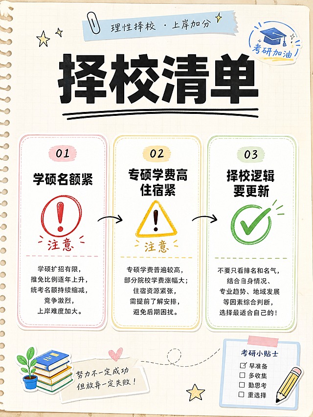 小红书笔记配图，三格清单式排版，手账拼贴风格，版式精美，小红书笔记质感。顶部大标题：「择校清单」，扁平粗黑体，深色字，下方一条手绘下划线。画面分为三等分横向排列的三个格子卡片：第一格标题「学硕名额紧」，配红色「注意」手绘感叹号图标，下方小字简述；第二格标题「专硕学费高住宿紧」，配黄色「注意」手绘三角警示图标，下方小字简述；第三格标题「择校逻辑要更新」，配绿色「对勾」手绘打钩图标，下方小字简述。每个格子卡片为白底加浅彩色边框，卡片间有均匀间距。背景：浅米色笔记纸纹理，顶部有浅蓝便签条装饰。装饰：3个手绘图标（对勾/注意/注意）分别置于对应格子内；少量手绘箭头连接三格；角落有小贴纸点缀。整体氛围：干货清单、清晰易读、教育考研主题。画质：高清细腻，信息层级清晰，文字完整处于安全区内不可裁切。画面比例3:4，4K。